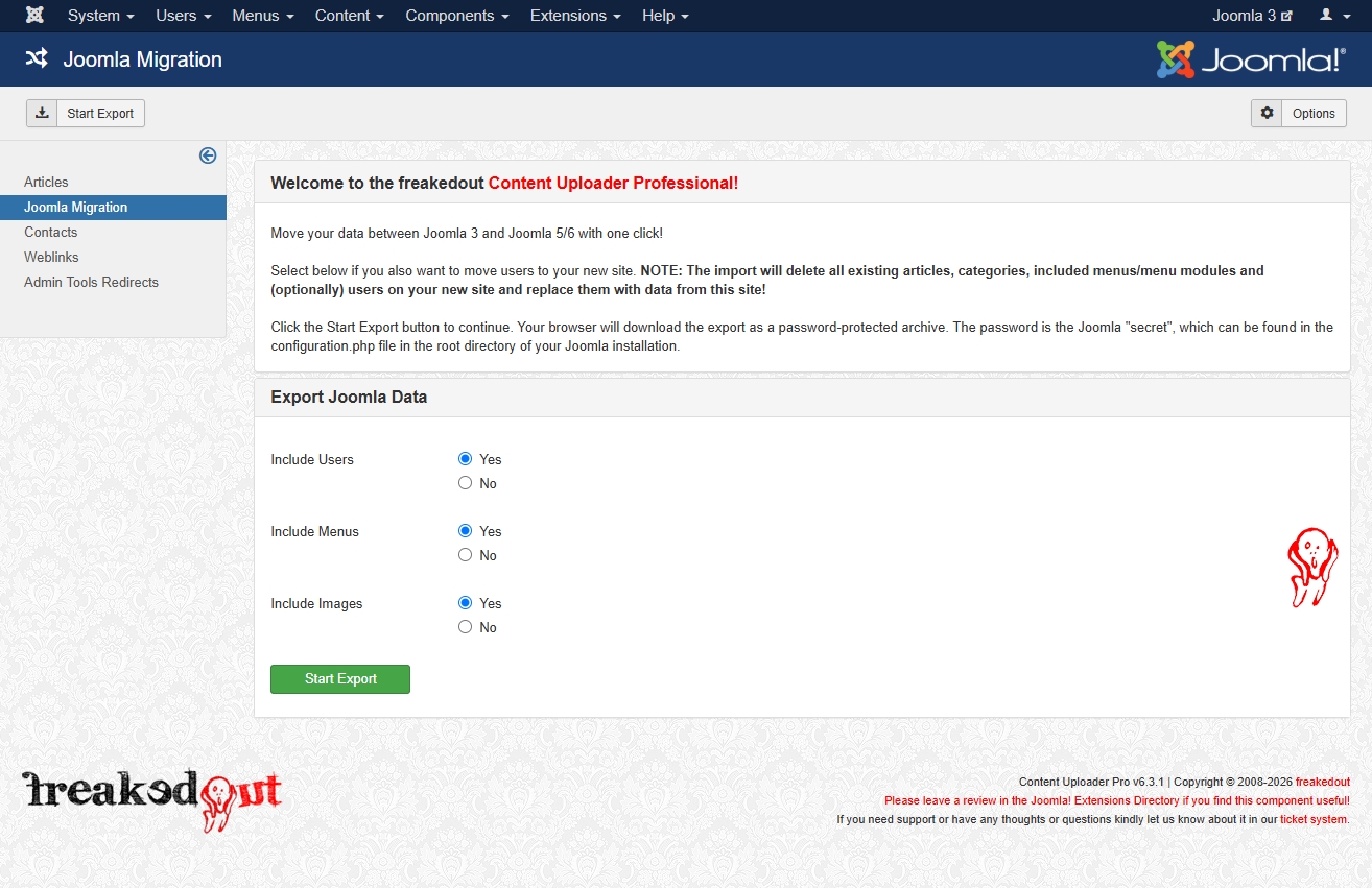 Content Uploader Pro Joomla Migration Export screen