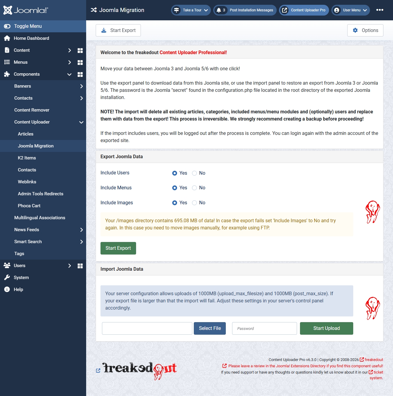 Content Uploader Pro Joomla Migration Import screen